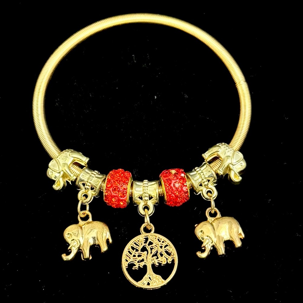 Melody Gold Charm Bracelet–Elephant&Tree of Life&Red Beads